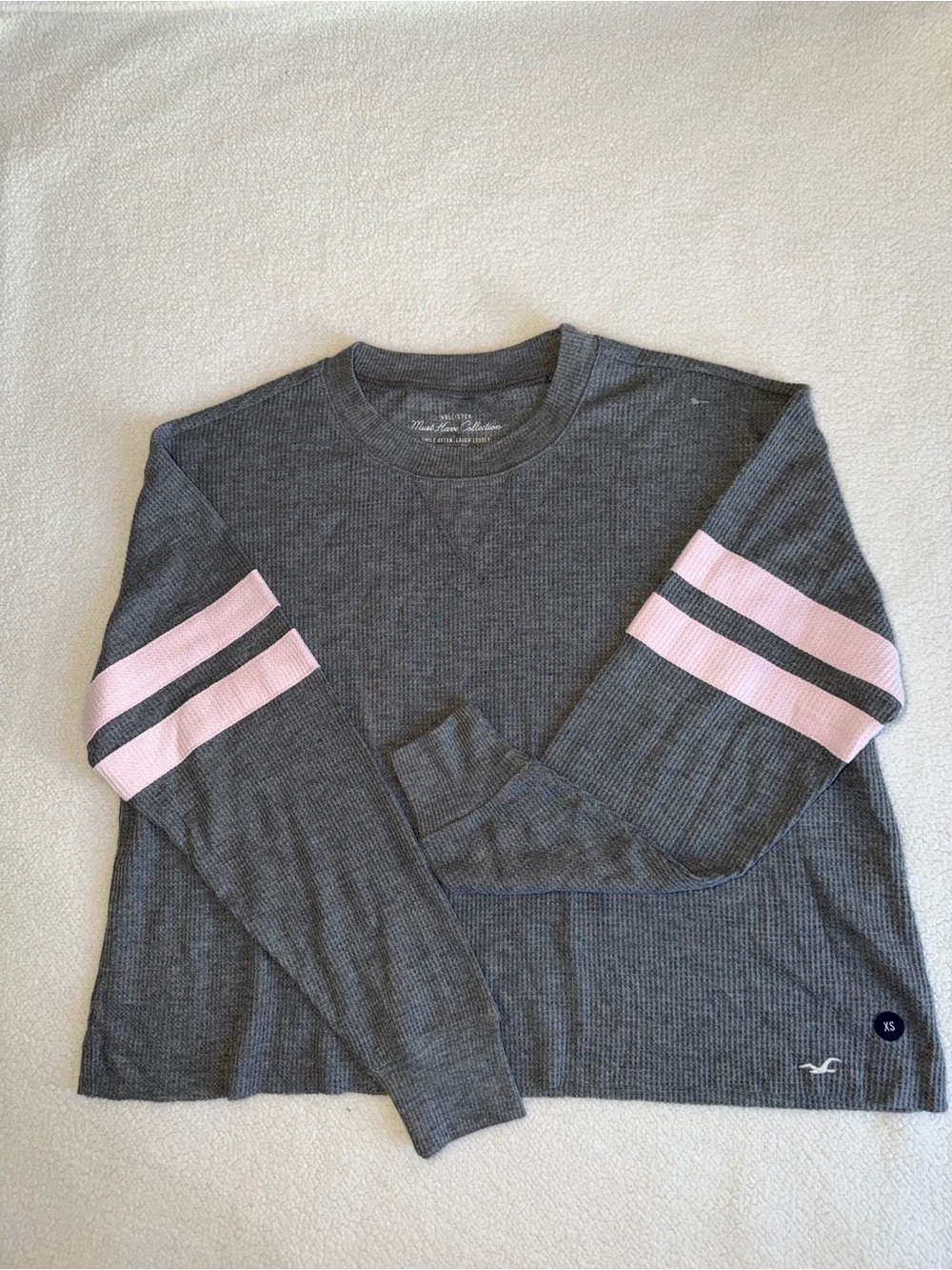 Hollister Gray Long-Sleeve Tee with Pink Sleeve Stripes